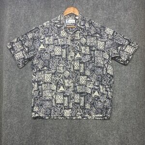 Vintage Paradise Island Blue Cotton Hawaiian Aloha Shirt‎ Mens L Tapa Block 90s